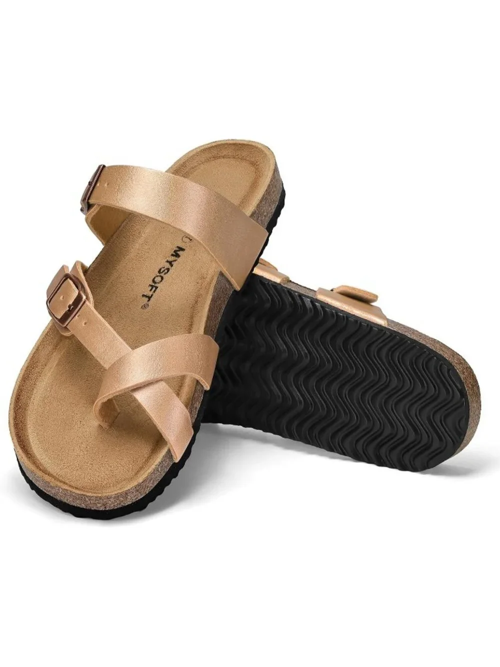 Women Rose Gold Double Adjustable Buckle Slide Cork Footbed Slip On Sandal Shoes